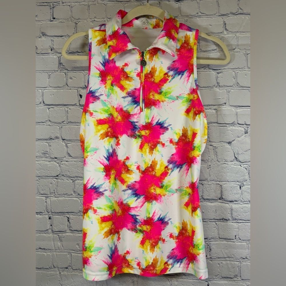 Tzu Tzu Allie Top Neon Splash Fitted Athleisure Athletic Sleeveless Golf Shirt L